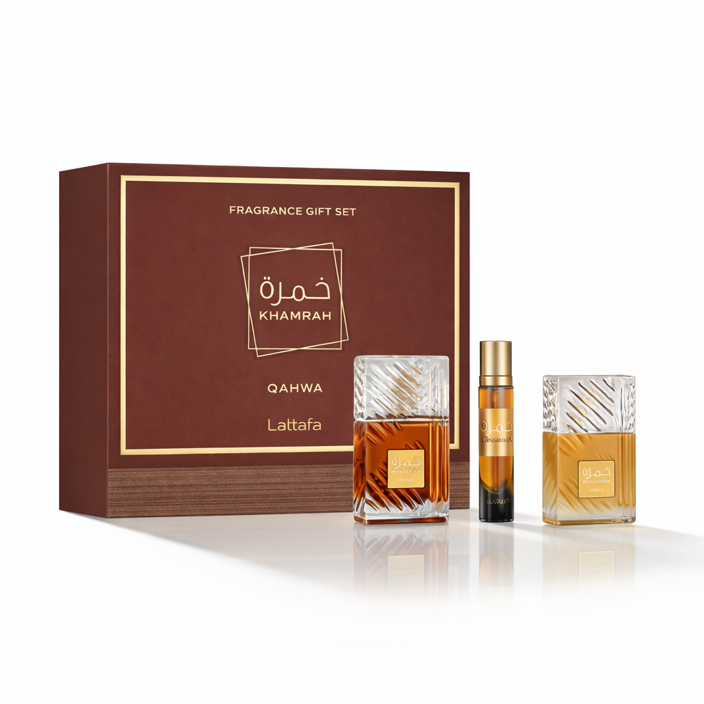 LATTAFA KHAMRAH QAHWA 3PC GIFT SET(EDP 3.4FL.OZ | 100ML, EDP 0.4FL.OZ | 12ML, HAIR MIST 1.6FL.OZ | 5ML)