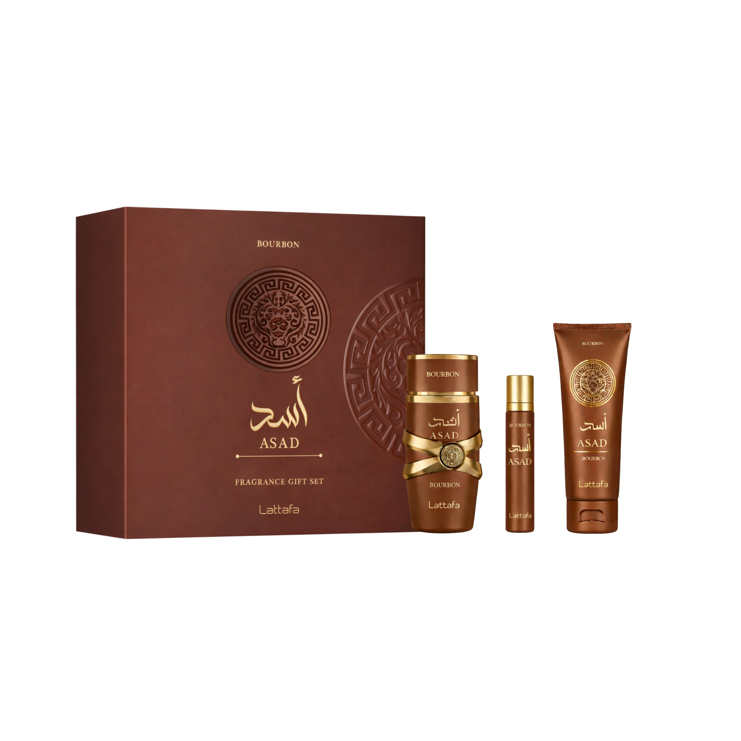 LATTAFA ASAD BOURBON 3 PCS GIFTSET WITH 100ML EDP + 12ML TRAVEL SPRAY + 100ML SHOWER GEL