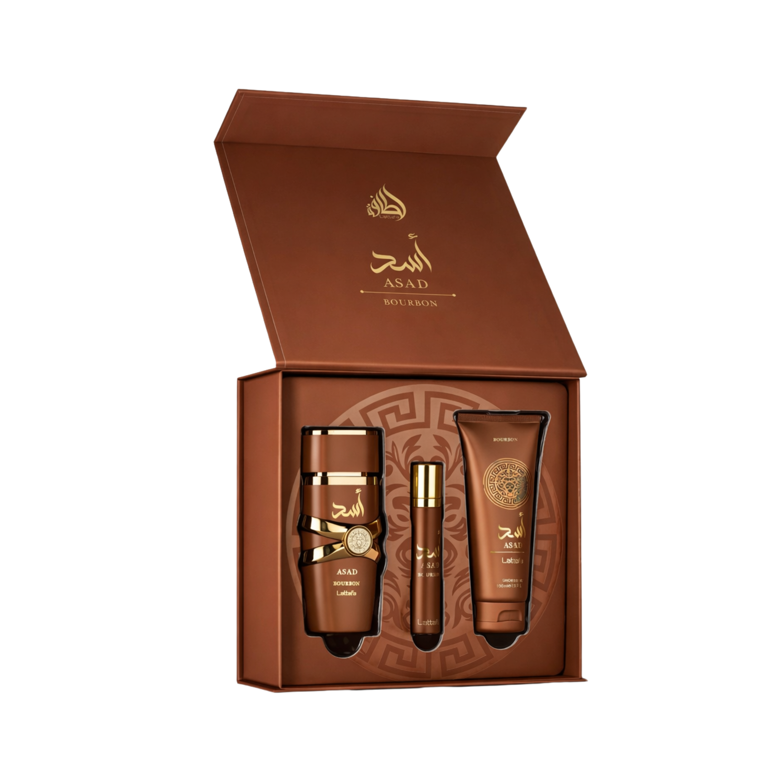 LATTAFA ASAD BOURBON 3 PCS GIFTSET WITH 100ML EDP + 12ML TRAVEL SPRAY + 100ML SHOWER GEL