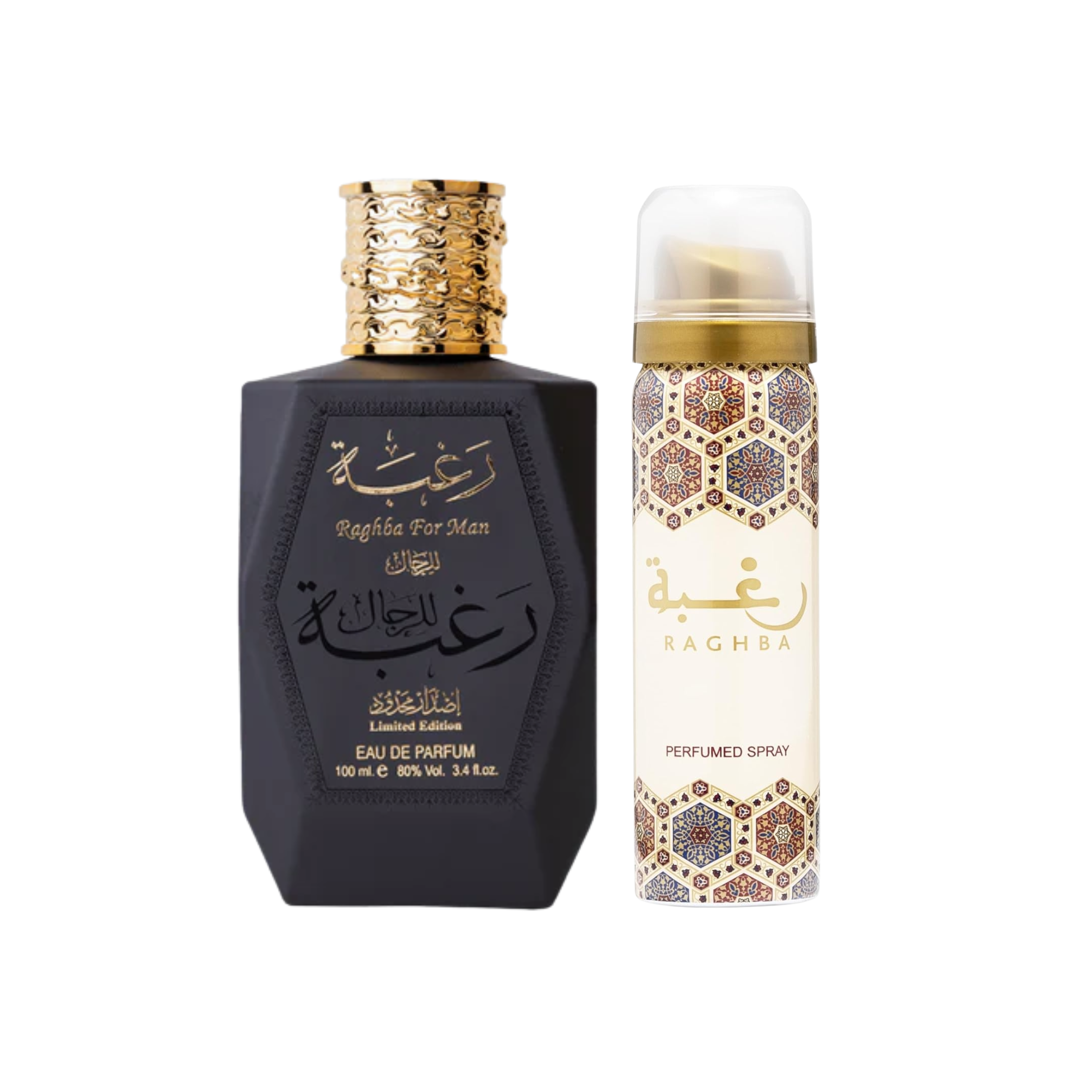 Lattafa Perfumes Raghba for Men 2 Piece Set (3.4 Ounce Eau de Parfum Spray + 1.7 Ounce Deodorant Spray)