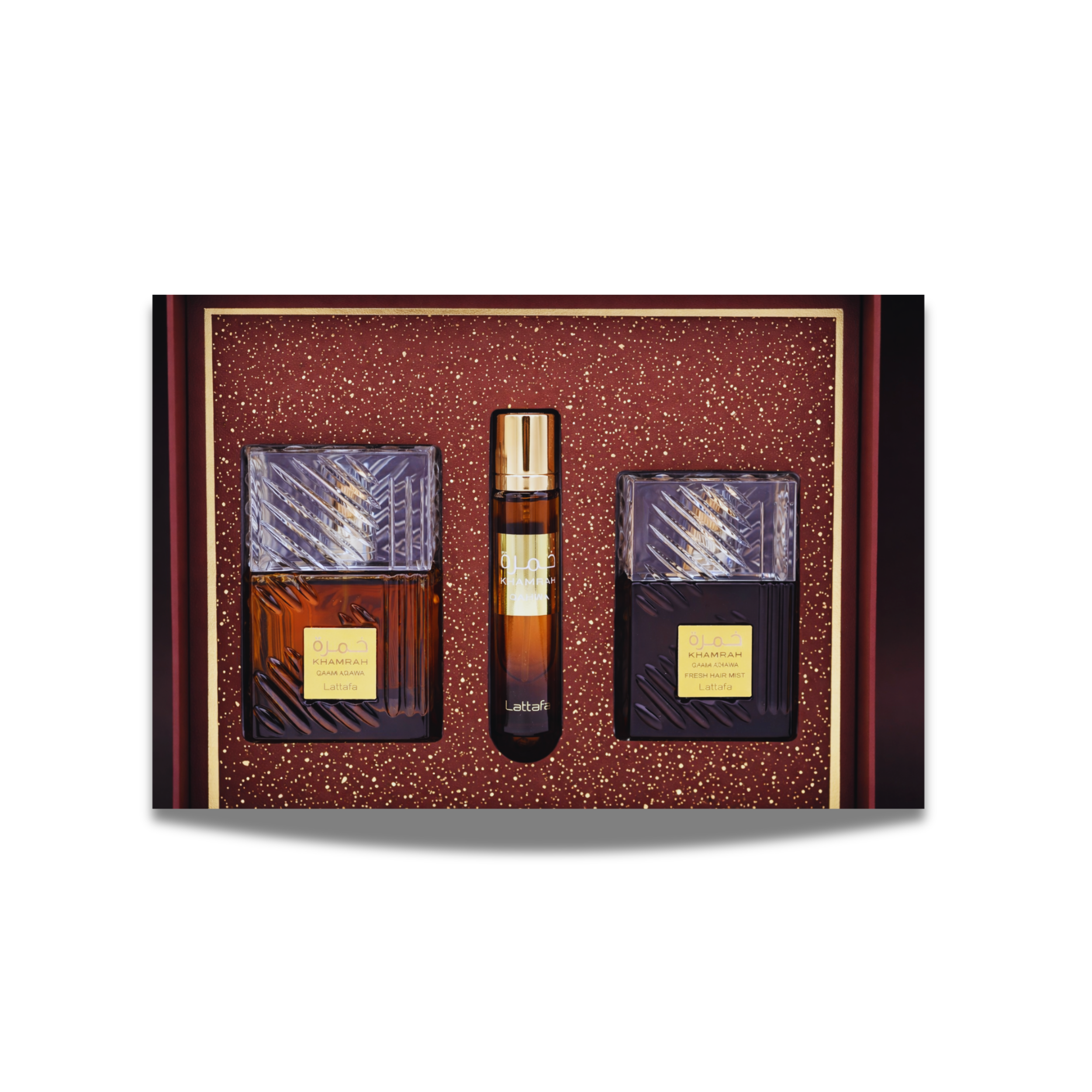 LATTAFA KHAMRAH QAHWA 3PC GIFT SET(EDP 3.4FL.OZ | 100ML, EDP 0.4FL.OZ | 12ML, HAIR MIST 1.6FL.OZ | 5ML)