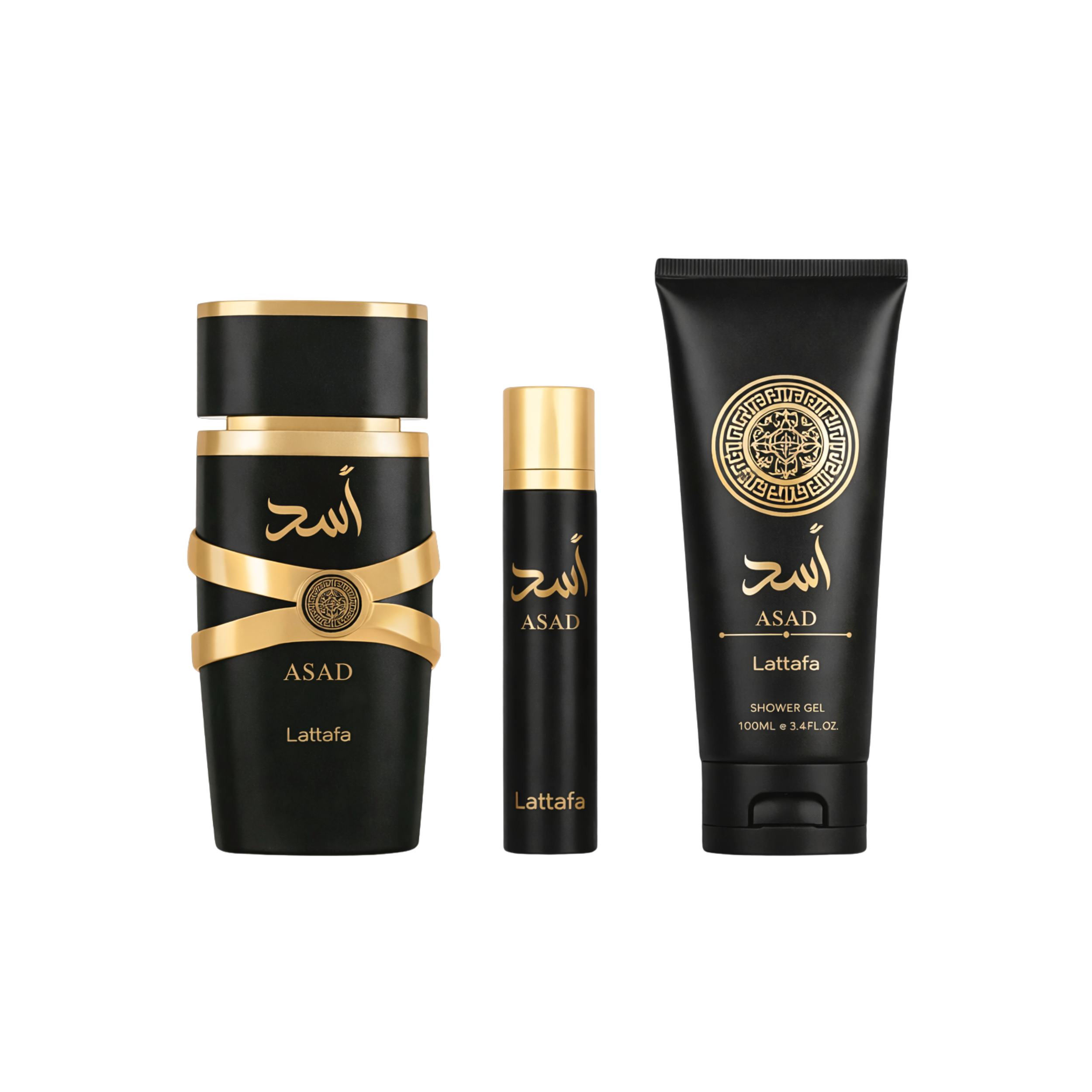 LATTAFA ASAD 3 PCS GIFTSET WITH 100ML EDP + 12ML TRAVEL SPRAY + 100ML SHOWER GEL