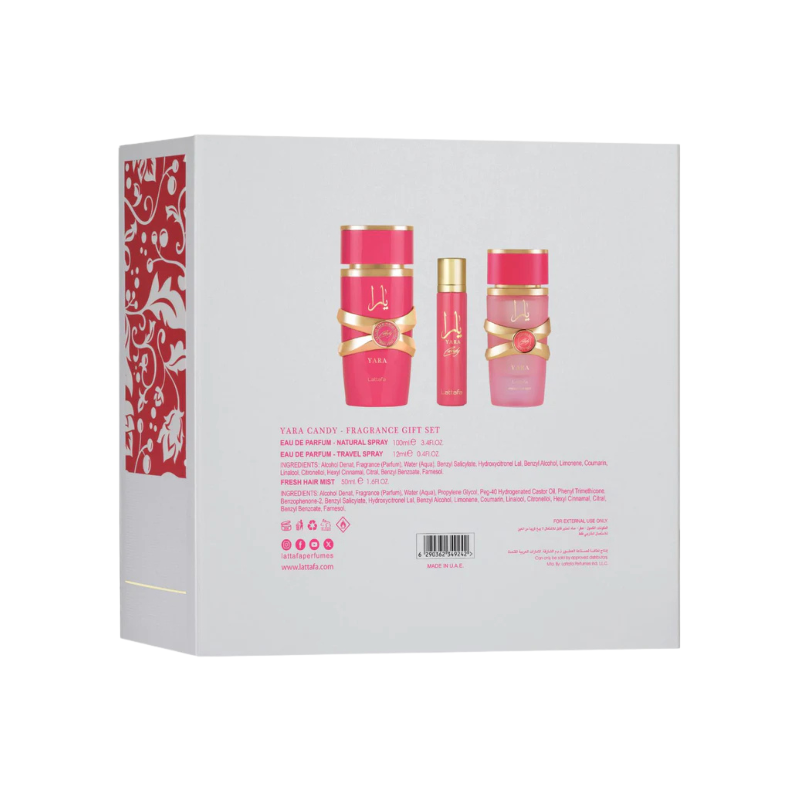 LATTAFA YARA CANDY 3PC GIFT SET(EDP 3.4FL.OZ | 100ML, EDP 0.4FL.OZ | 12ML, HAIR MIST 1.6FL.OZ | 50ML