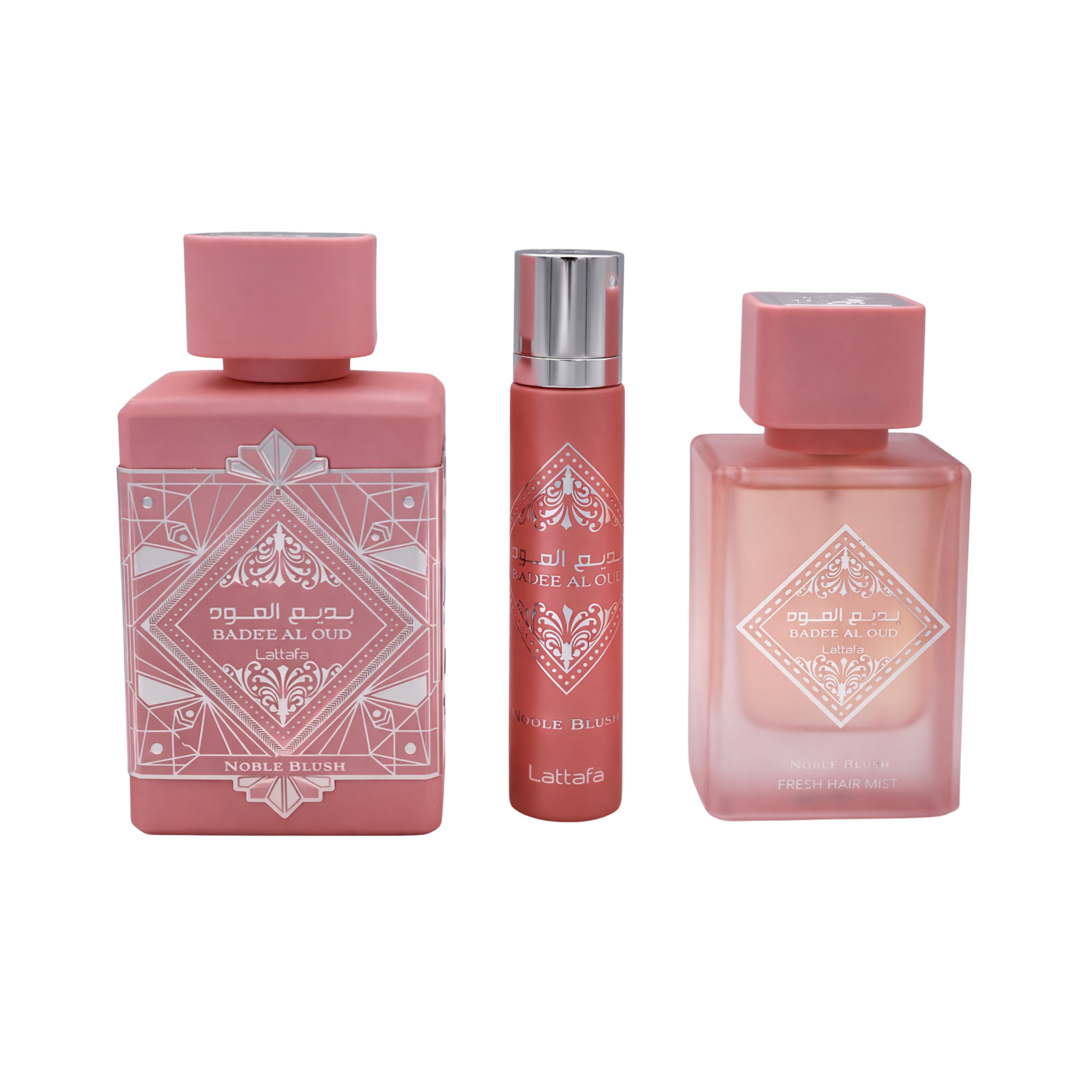LATTAFA BADEE AL OUD NOBLE BLUSH 3PC GIFT SET(EDP 3.4FL.OZ | 100ML, EDP 0.4FL.OZ | 12ML, HAIR MIST 1