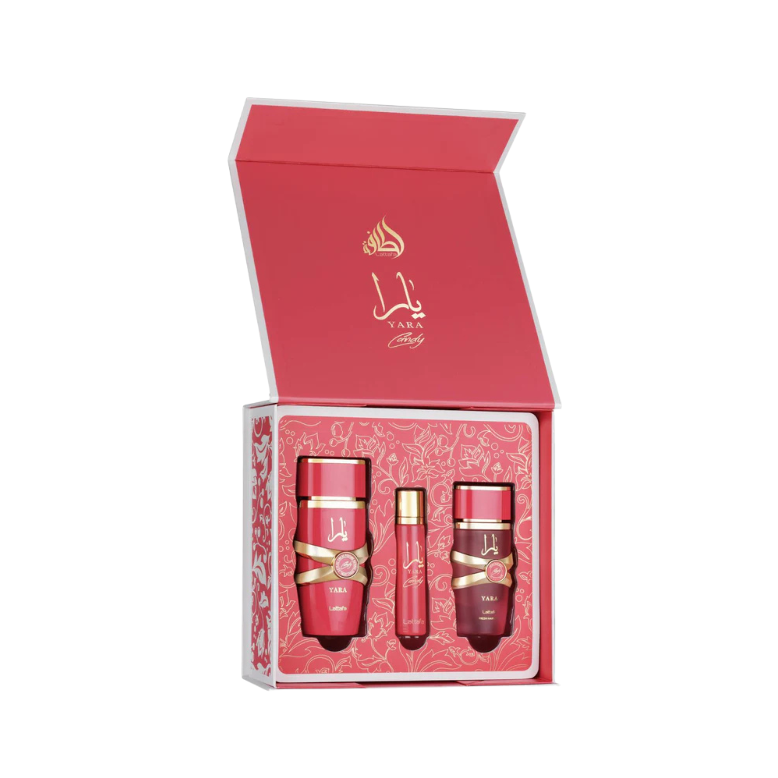 LATTAFA YARA CANDY 3PC GIFT SET(EDP 3.4FL.OZ | 100ML, EDP 0.4FL.OZ | 12ML, HAIR MIST 1.6FL.OZ | 50ML