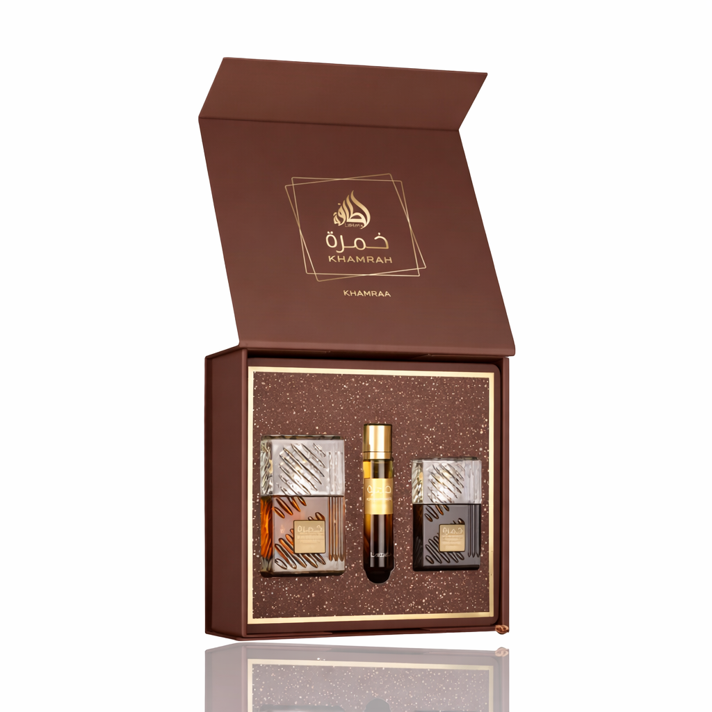 LATTAFA KHAMRAH QAHWA 3PC GIFT SET(EDP 3.4FL.OZ | 100ML, EDP 0.4FL.OZ | 12ML, HAIR MIST 1.6FL.OZ | 5ML)