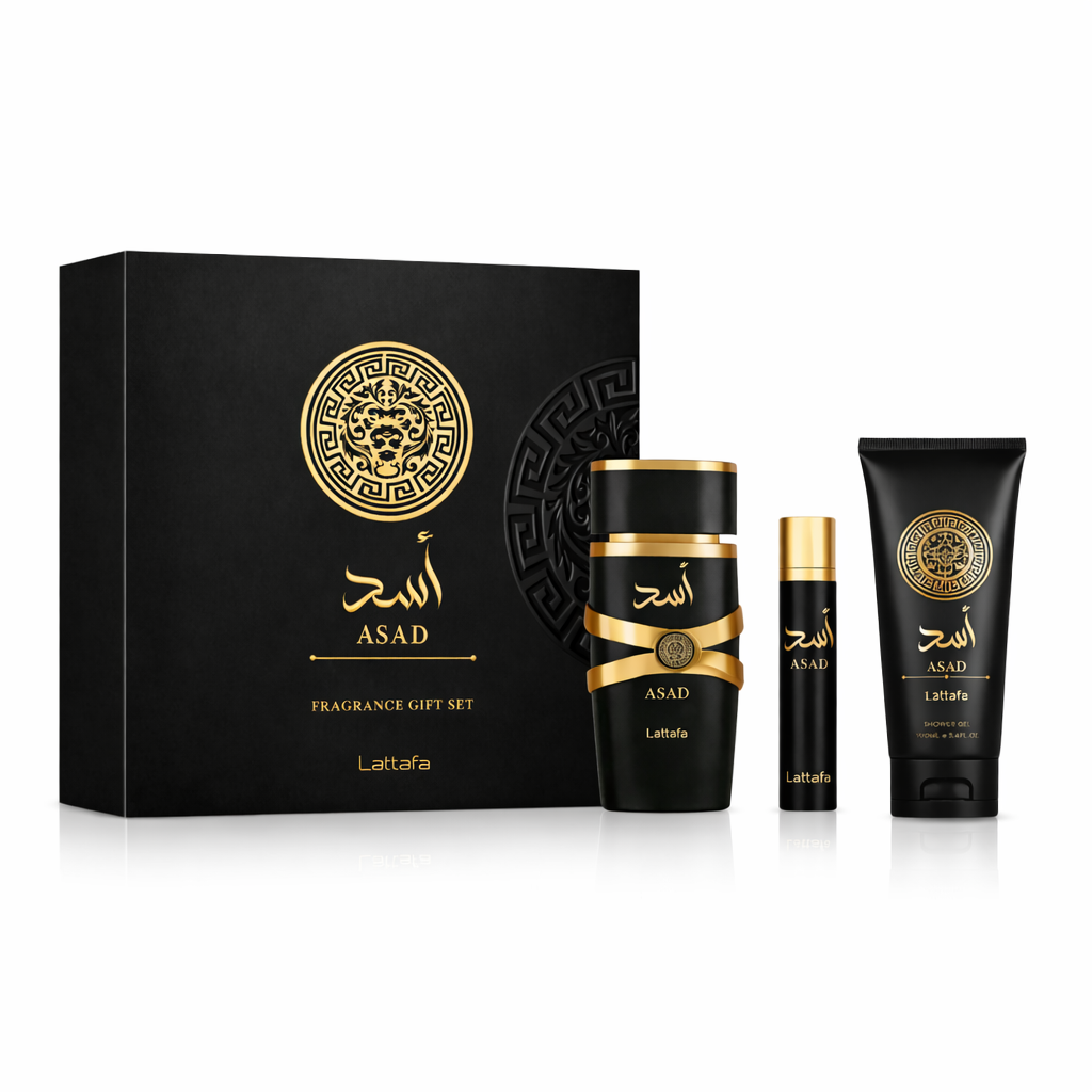 LATTAFA ASAD 3 PCS GIFTSET WITH 100ML EDP + 12ML TRAVEL SPRAY + 100ML SHOWER GEL