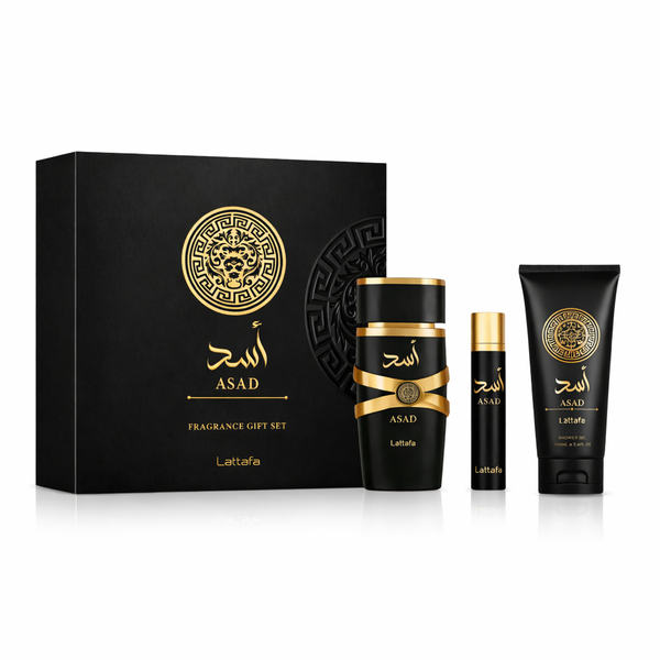 LATTAFA ASAD 3 PCS GIFTSET WITH 100ML EDP + 12ML TRAVEL SPRAY + 100ML