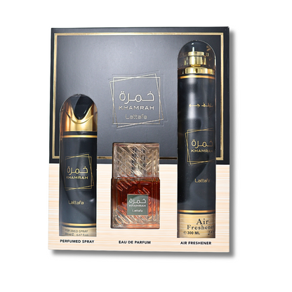 Lattafa Khamrah Eau De Parfum 3.4FL.OZ, Deodorant 6.6FL.OZ & Air Freshener 10FL.OZ