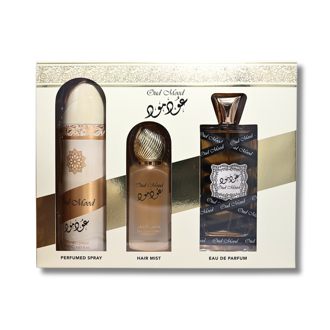 Lattafa Oud Mood Gift Set Eau De Parrfum 3.4FL.OZ, Deoderant 6.6FL.OZ & Hair Mist