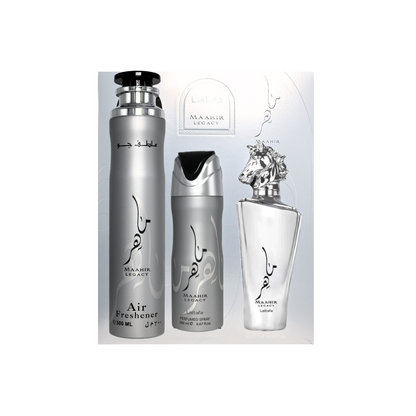 Lattafa Maahir Legacy Gift Set - Eau De Parfum 3.4FL.OZ, AirFreshener 300ML & Deodorant 200ML