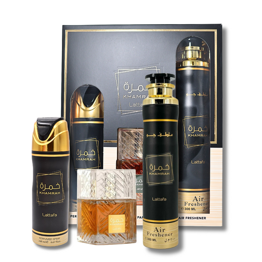 Lattafa Khamrah Eau De Parfum 3.4FL.OZ, Deodorant 6.6FL.OZ & Air Freshener 10FL.OZ