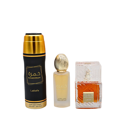 Lattafa Khamrah Gift Set Eau De Parfum 3.4FL.OZ, Body Spray 6.67FL.OZ & Hair Mist