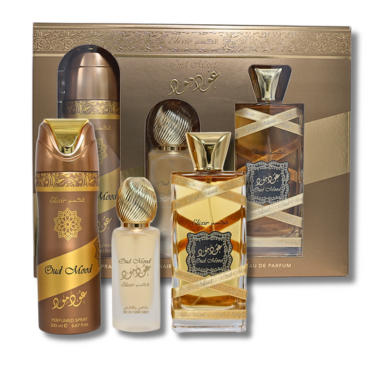 Lattafa Oud Mood Elixir Gift Set with EDP 3.4FL.OZ, Perfume Spray 6.67FL.OZ & Hair Mist