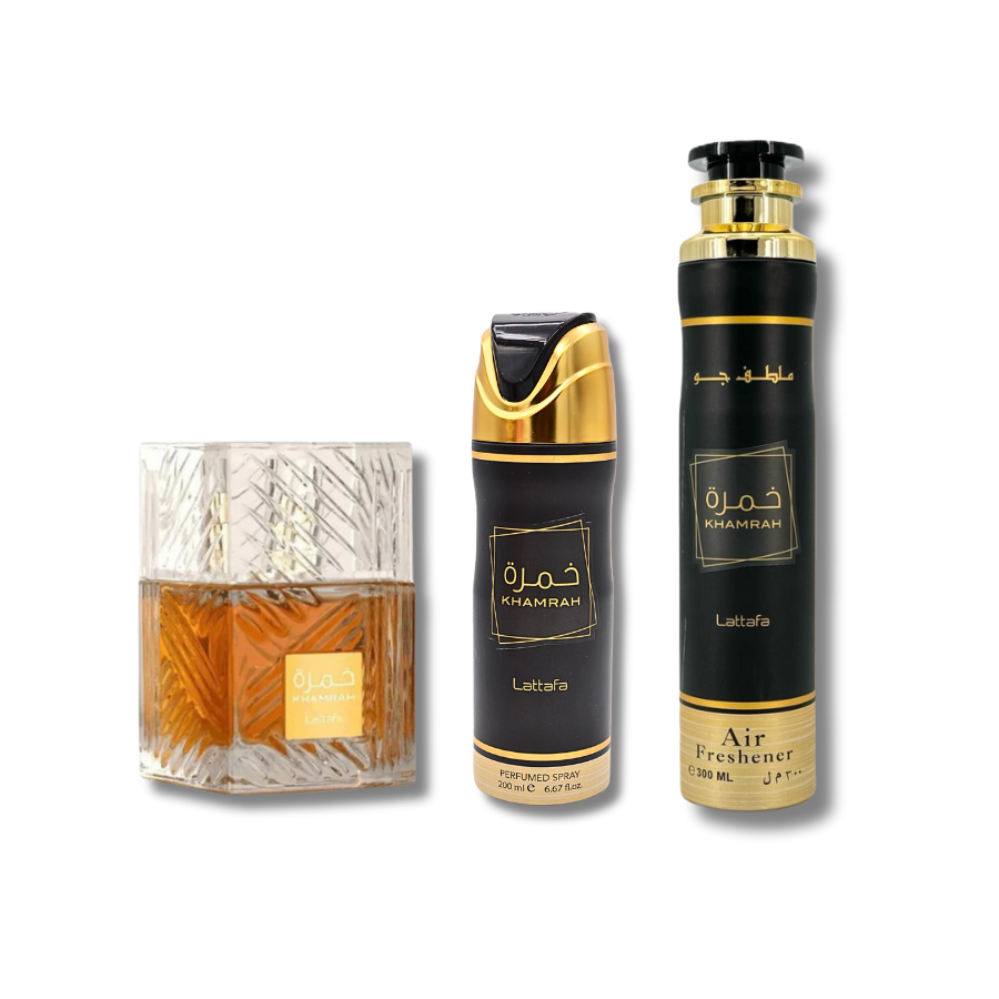 Lattafa Khamrah Eau De Parfum 3.4FL.OZ, Deodorant 6.6FL.OZ & Air Freshener 10FL.OZ