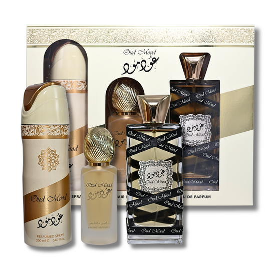 Lattafa Oud Mood Gift Set Eau De Parrfum 3.4FL.OZ, Deoderant 6.6FL.OZ & Hair Mist