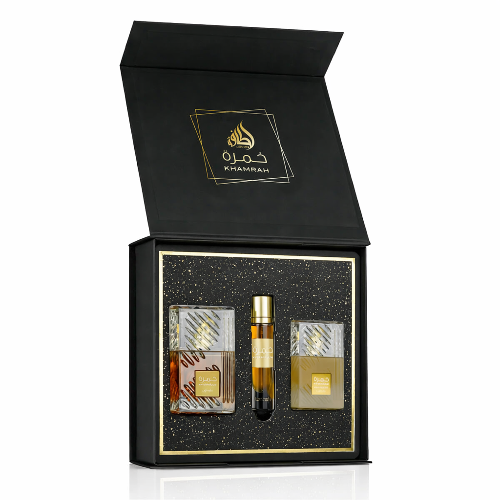 Lattafa Khamrah 3 Piece Gift Set (EDP 3.4FL.OZ | 100ML, EDP 0.4FL.OZ | 12ML, HAIR MIST 1.6FL.OZ | 50ML)