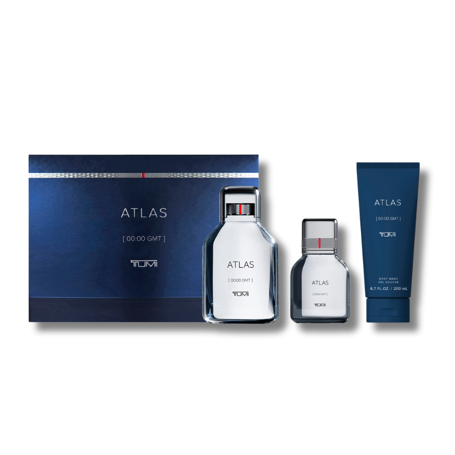 Tumi Atlas gift Set EDP 3.4FL.OZ & 1.0FL.OZ, Bodyspray Wash 6.7FL.OZ For Men