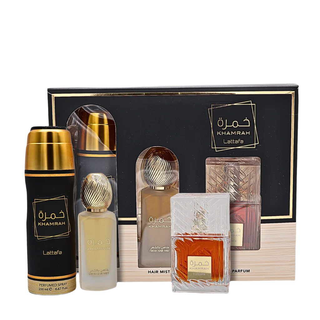 Lattafa Khamrah Gift Set Eau De Parfum 3.4FL.OZ, Body Spray 6.67FL.OZ & Hair Mist