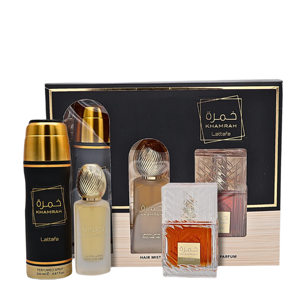 Lattafa Khamrah Gift Set Eau De Parfum 3.4FL.OZ, Body Spray 6.67FL.OZ