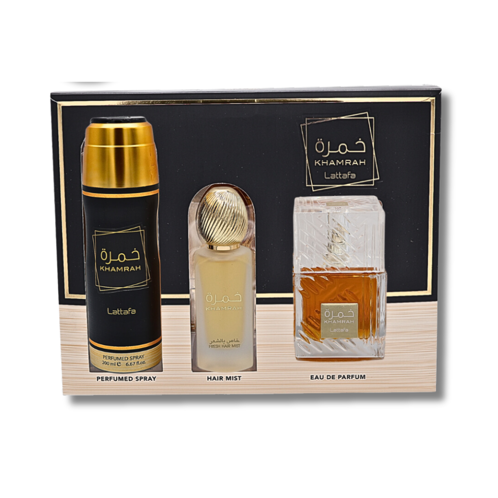 Lattafa Khamrah Gift Set Eau De Parfum 3.4FL.OZ, Body Spray 6.67FL.OZ & Hair Mist