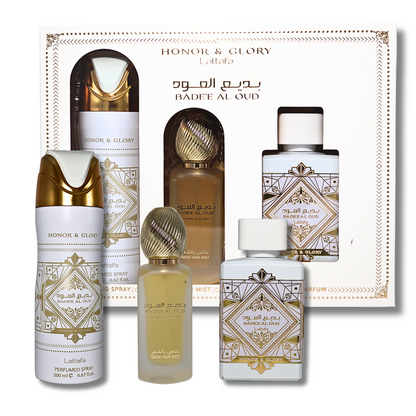 Lattafa Bade'e Al Oud 3 Piece Gift Set - Honor & Glory EDP 3.4FL.OZ, Pafummed Spray 6.67FL.OZ & Hair Mist