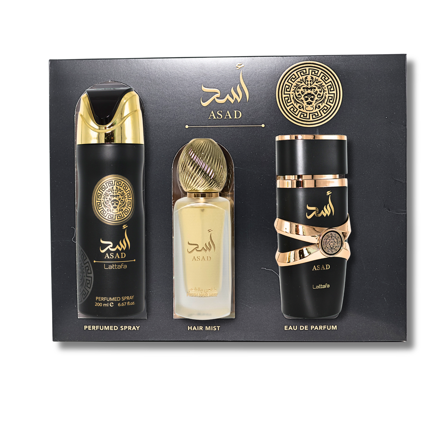 Lattafa Asad 3 Piece Gift Set - Eau De Parfum 3.4FL.OZ, Deoderant 6.67FL.OZ & Hair Mist For Men