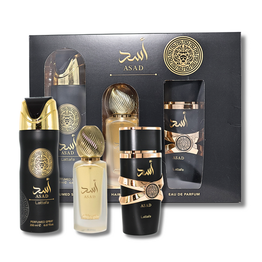 Lattafa Asad 3 Piece Gift Set - Eau De Parfum 3.4FL.OZ, Deoderant 6.67FL.OZ & Hair Mist For Men