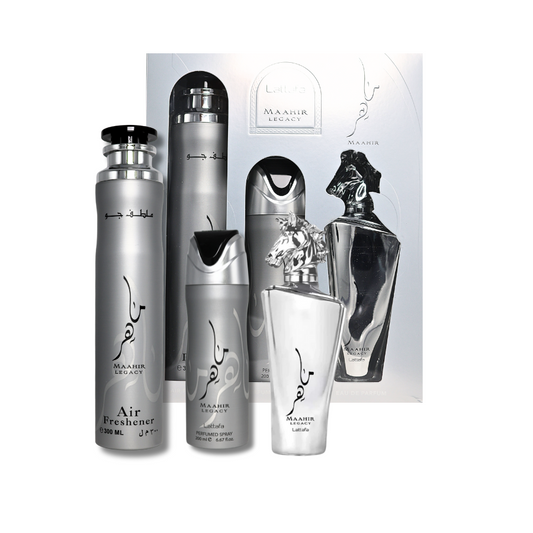 Lattafa Maahir Legacy Gift Set - Eau De Parfum 3.4FL.OZ, AirFreshener 300ML & Deodorant 200ML