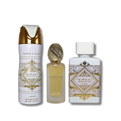 Lattafa Bade'e Al Oud 3 Piece Gift Set - Honor & Glory EDP 3.4FL.OZ, Pafummed Spray 6.67FL.OZ & Hair Mist