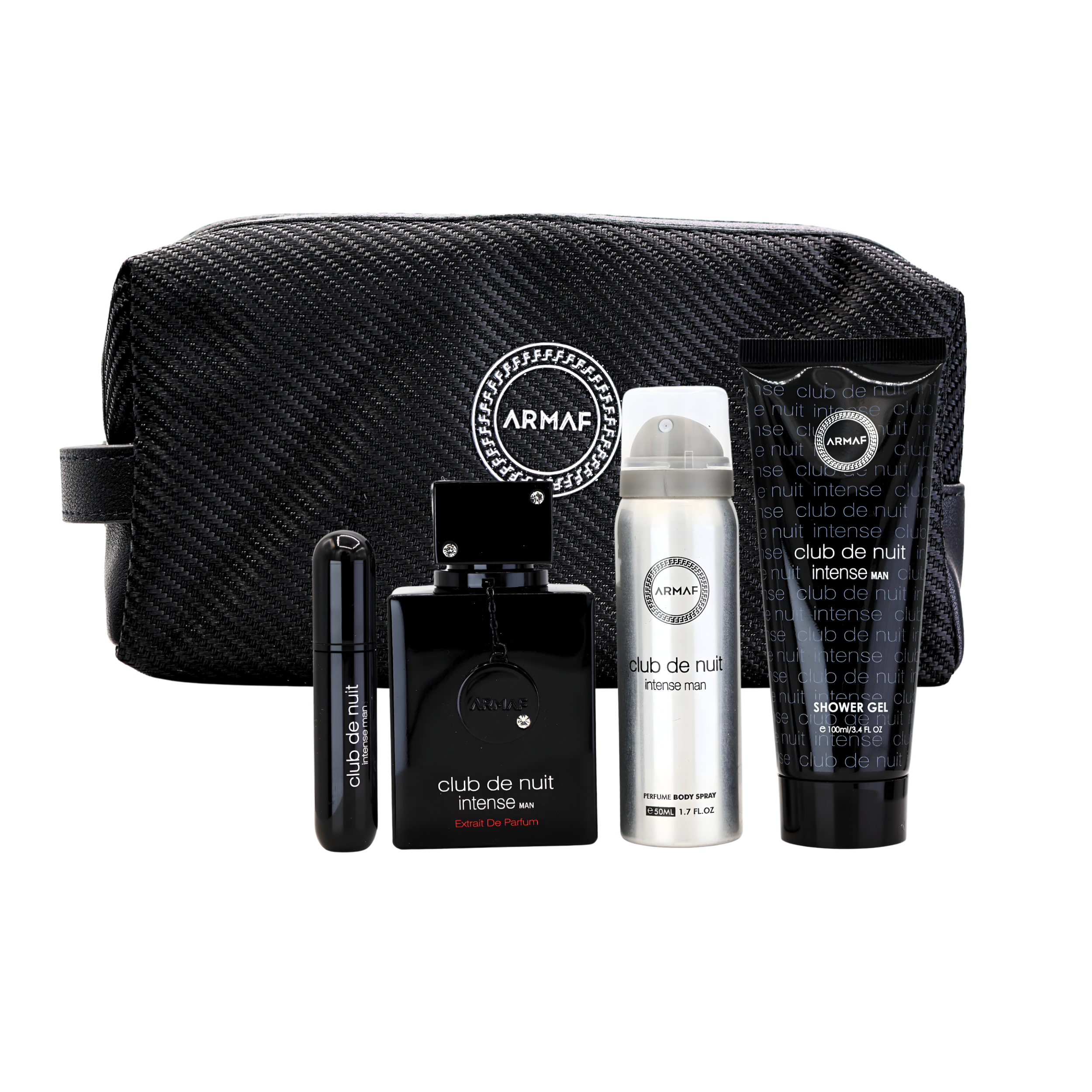 Armaf Club De Nuit 4pcs Set Travel Paack with Pouch (2.37fl.oz Extrait De Parfu, Body Spray 1.7fl.oz)