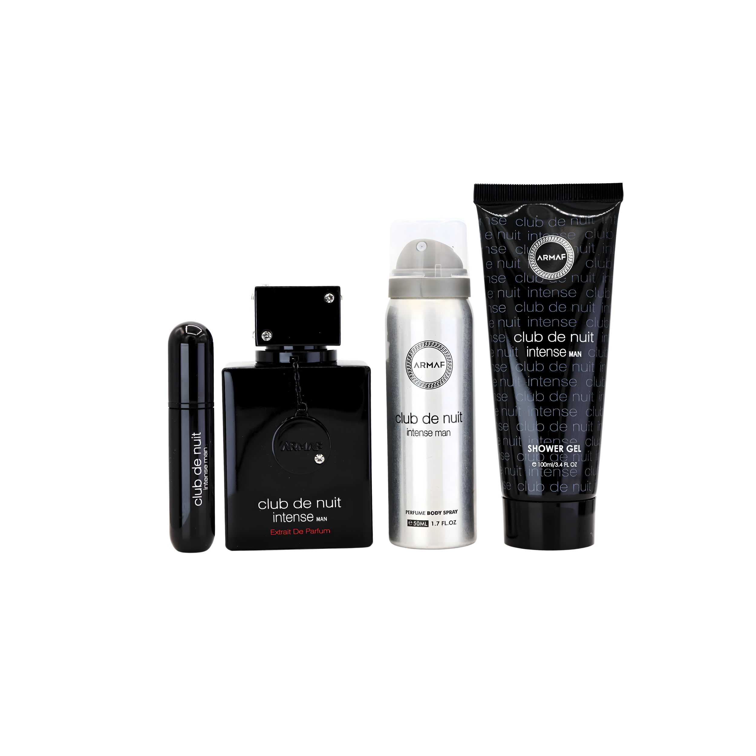 Armaf Club De Nuit 4pcs Set Travel Paack with Pouch (2.37fl.oz Extrait De Parfu, Body Spray 1.7fl.oz)