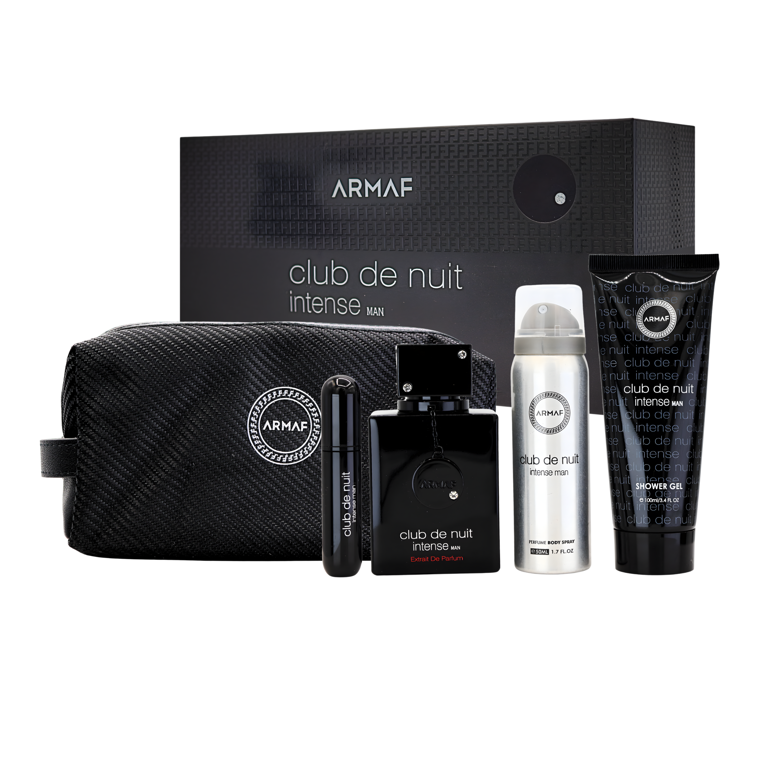 Armaf Club De Nuit 4pcs Set Travel Paack with Pouch (2.37fl.oz Extrait De Parfu, Body Spray 1.7fl.oz)