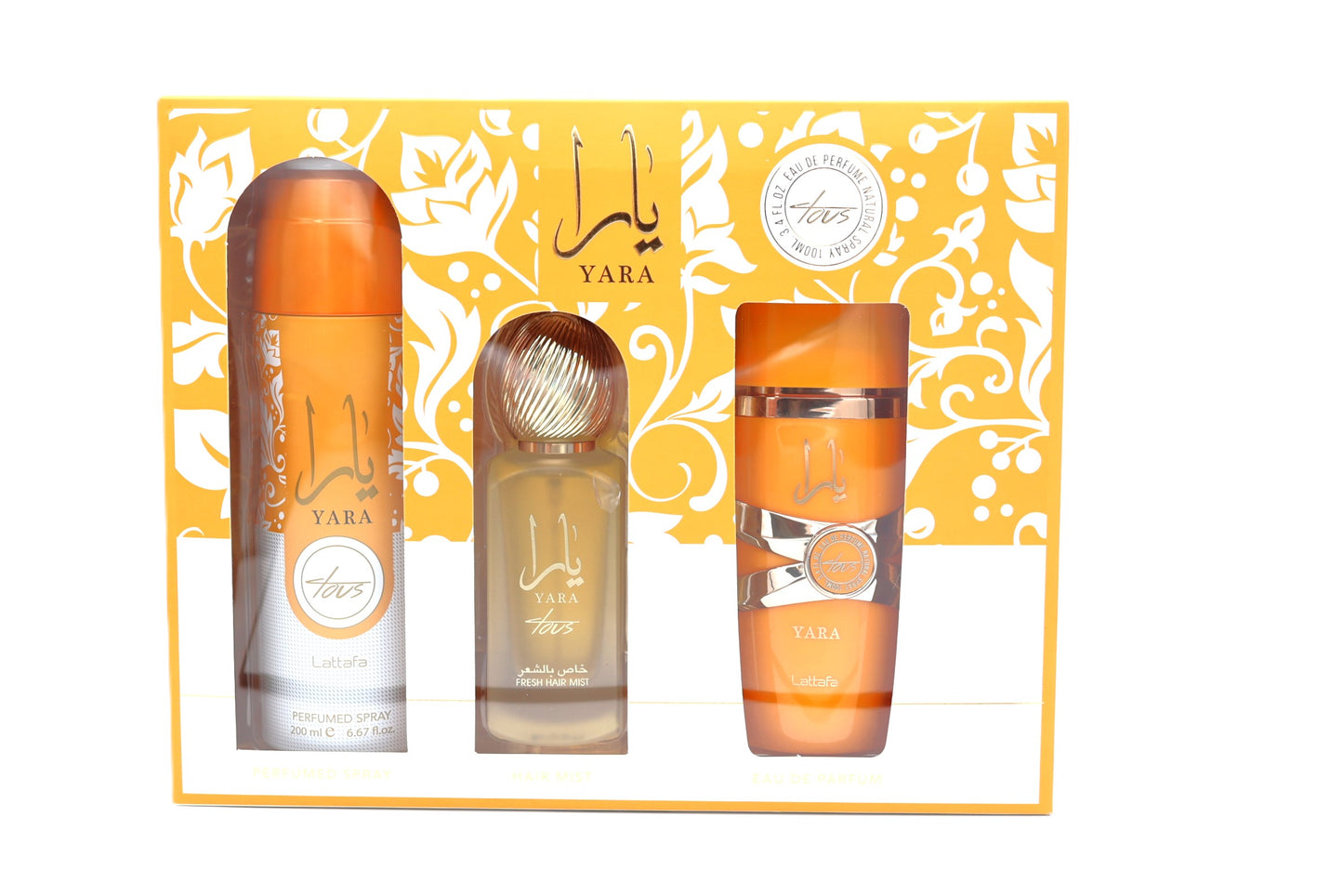 Lattafa Yara Tous 3 Pec Gift Set Eau De PArfum 3.4FL.OZ, deoderant 6.67FL.OZ & Hair Mist