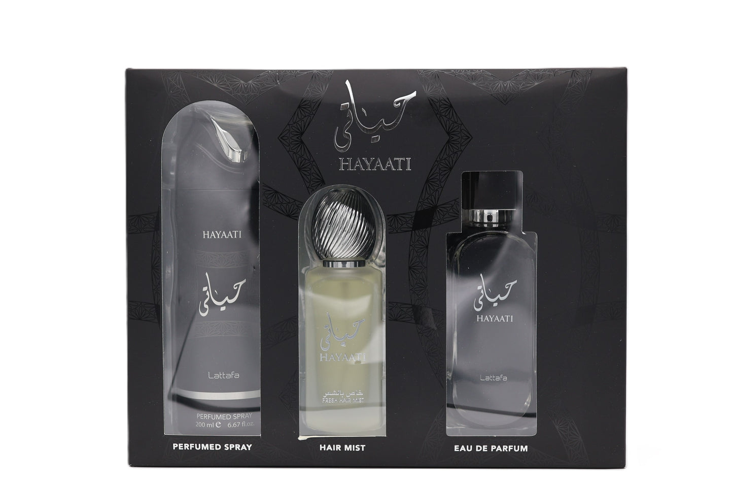 Lattafa hayaati Collection Eau De Parfum 3.4FL.OZ, DEOdorant 6.67fl.oz & Hair Mist