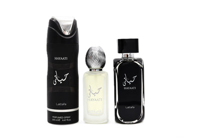 Lattafa hayaati Collection Eau De Parfum 3.4FL.OZ, DEOdorant 6.67fl.oz & Hair Mist