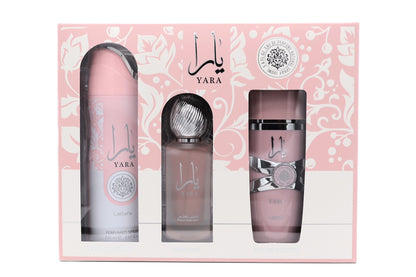 Lattafa Yara 3 Pec Gift Set Eau De Parfum 3.4FL.OZ, Deoderant 6.67FL.OZ & Hair Mist 1.65FL.OZ