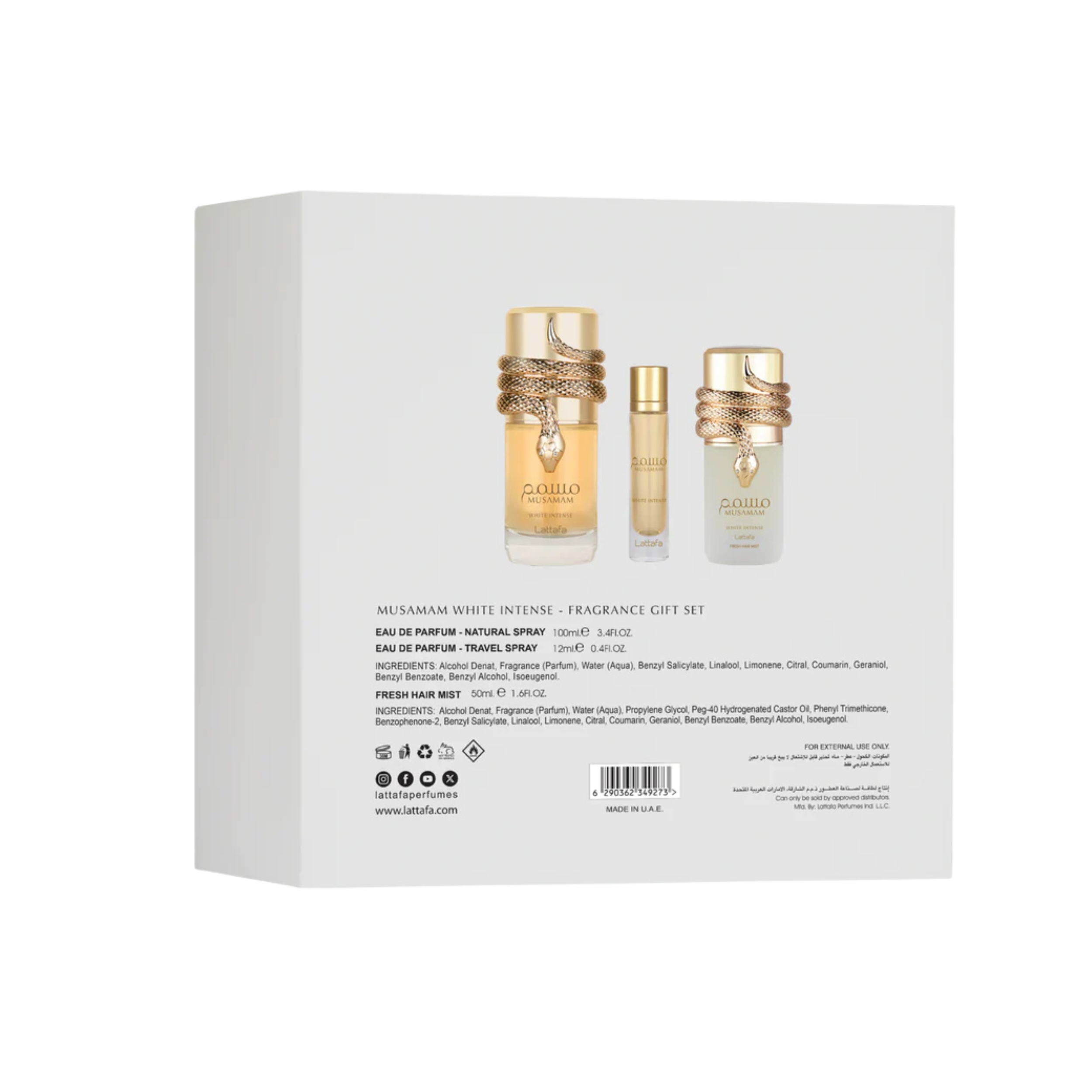 LATTAFA MUSAMAM WHITE INTENSE 3PC GIFT SET(EDP 3.4FL.OZ | 100ML, EDP 0.4FL.OZ | 12ML, HAIR MIST 1.6F