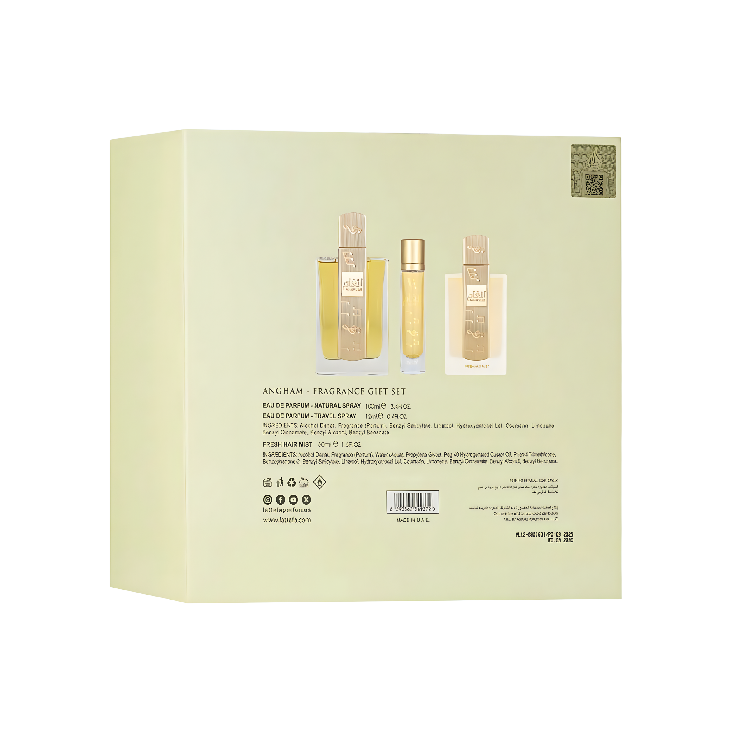 Lattafa Angham 3pcs Gift Set EDP 100ML | Travel Spray 12ML | Hair Mist 50ML