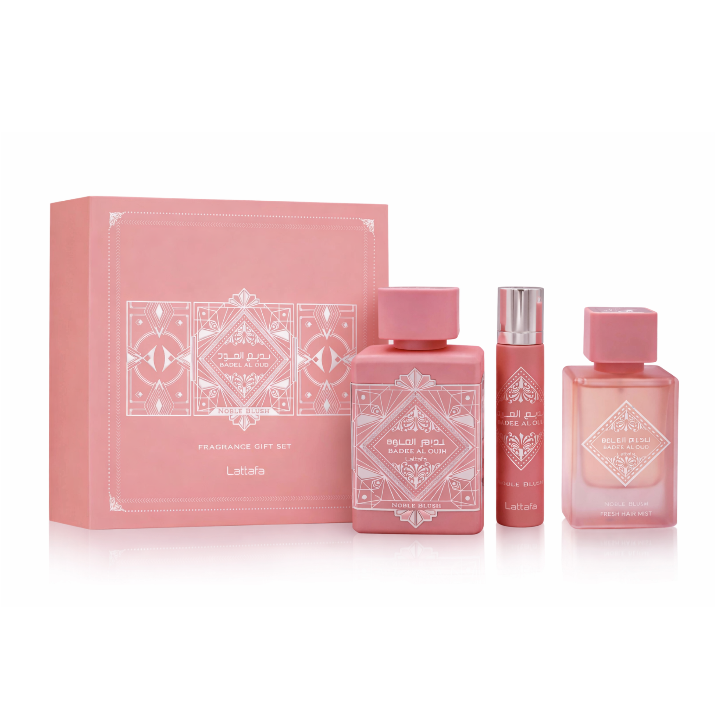 LATTAFA BADEE AL OUD NOBLE BLUSH 3PC GIFT SET(EDP 3.4FL.OZ | 100ML, EDP 0.4FL.OZ | 12ML, HAIR MIST 1