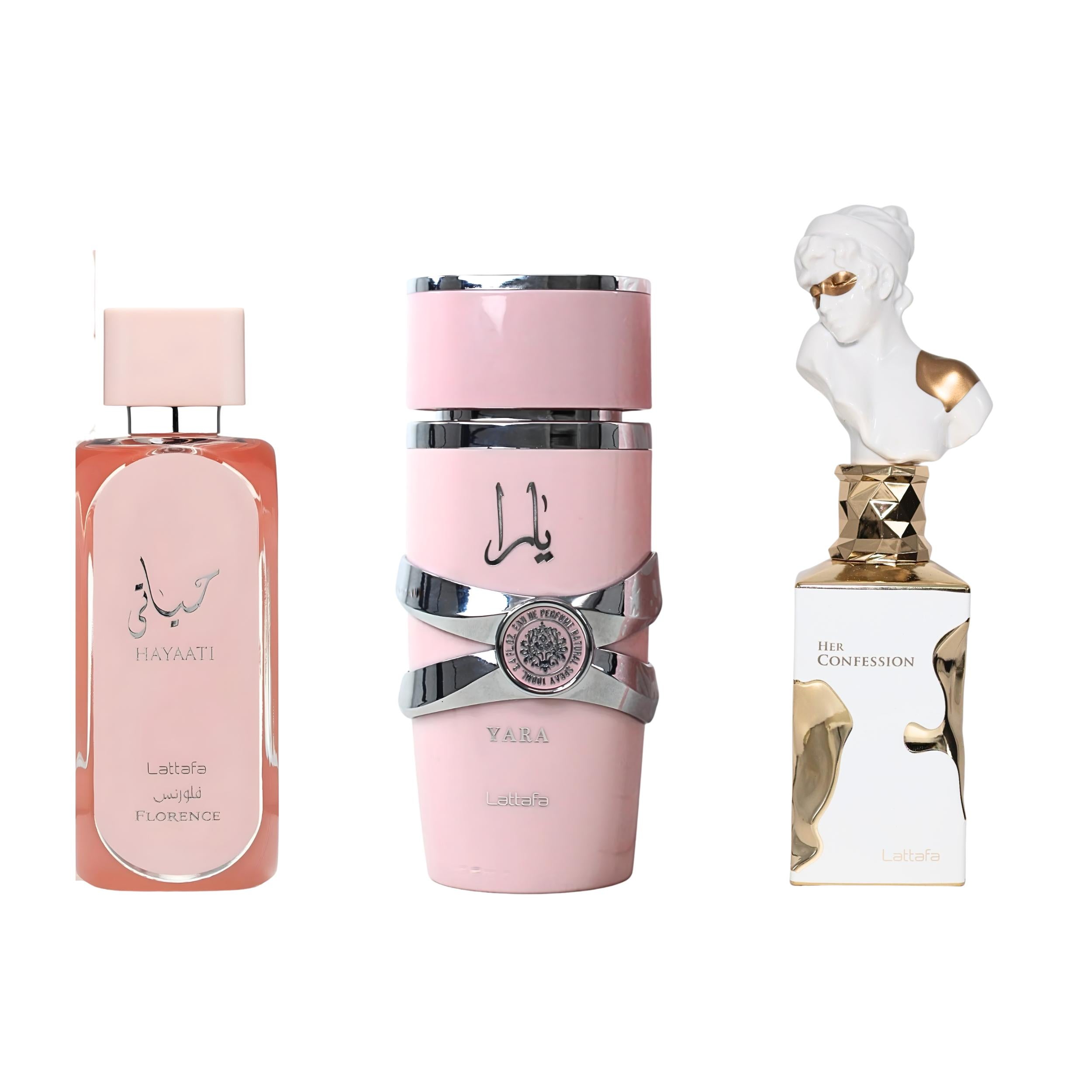 Lattafa Holiday Combo for Women Lattafa Yara EDP 3.4FL.OZ , Lattafa Hayaati Florence EDP 3.4FL.OZ and Lattafa Her Confession EDP 3.4FL.OZ