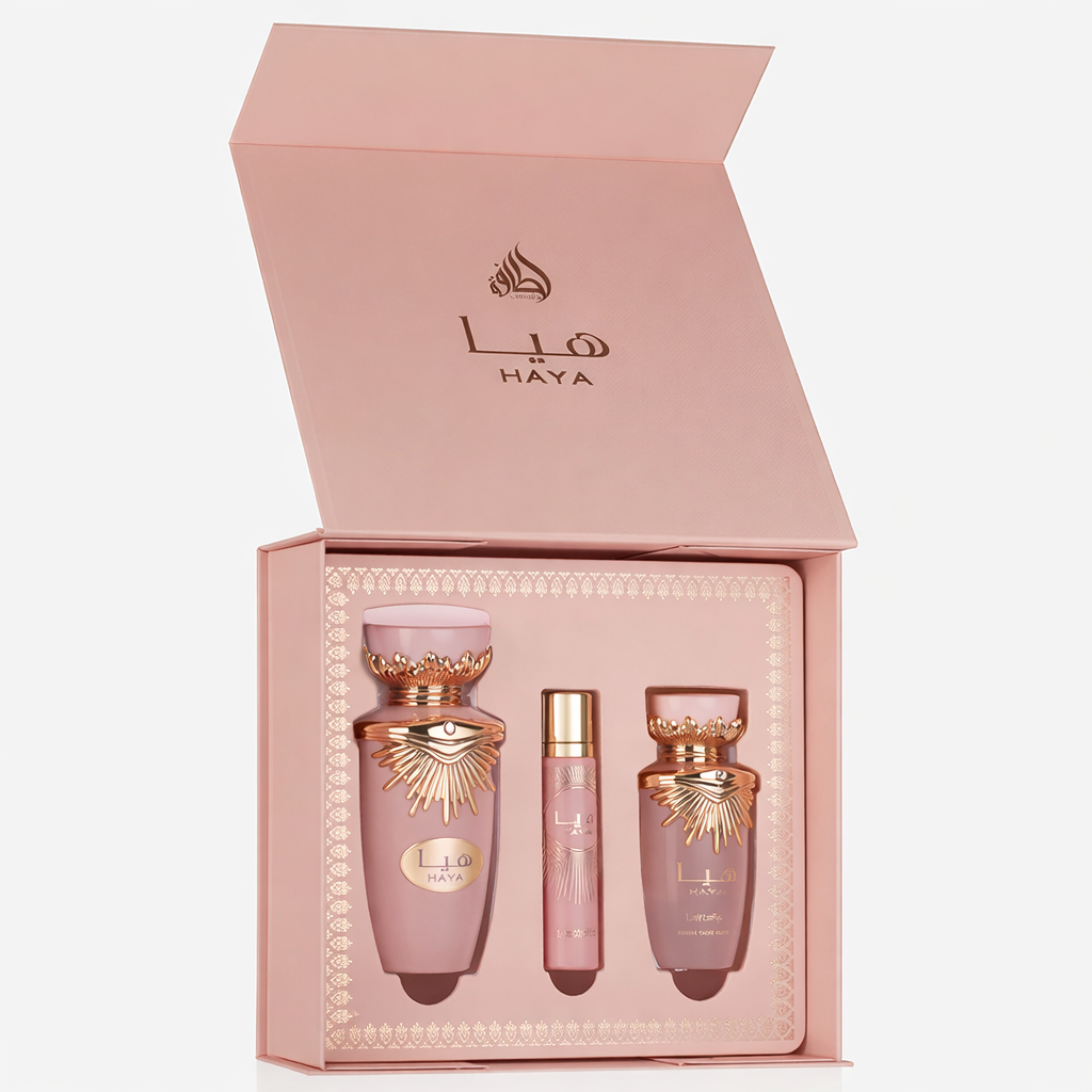 LATTAFA HAYA 3PC GIFT SET(EDP 3.4FL.OZ | 100ML, EDP 0.4FL.OZ | 12ML, HAIR MIST 1.6FL.OZ | 50ML)